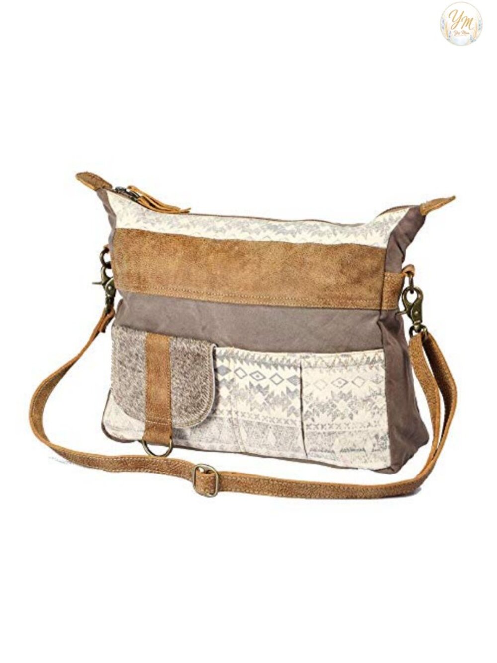 Boho Canvas Crossbody Bag with Genuine Leather Details, Mexican Style Purse for